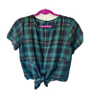 Emerald Green and Black Plaid Self-Tie Top